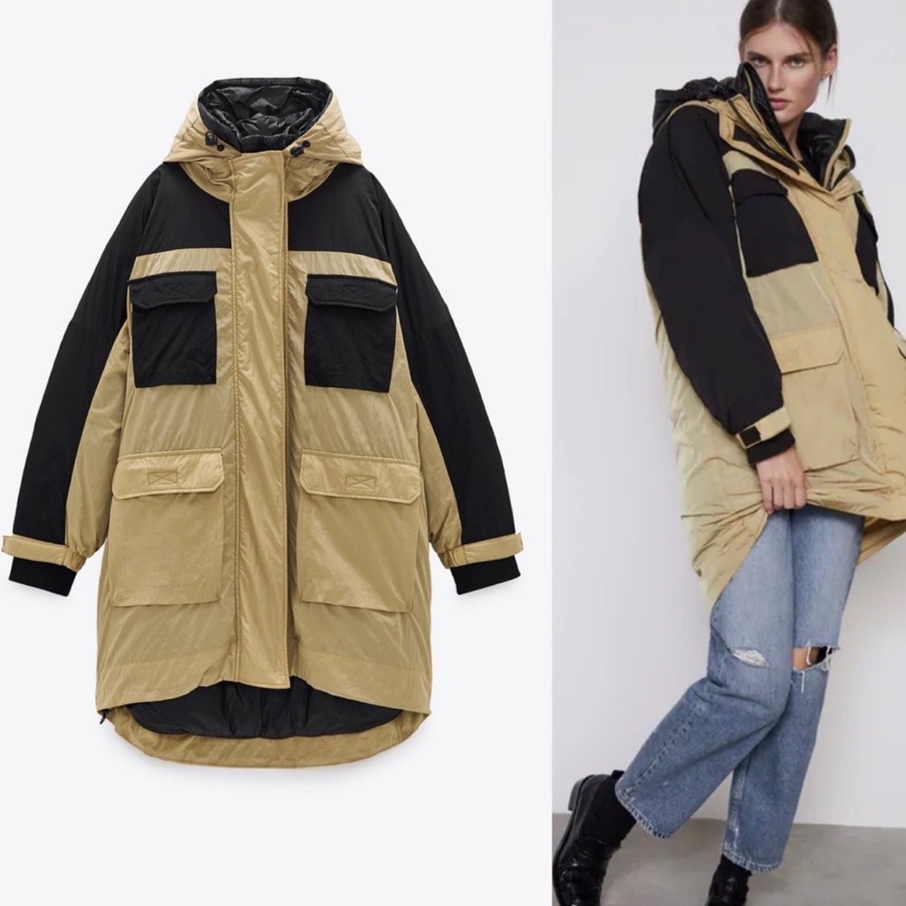 ZARA Women's Black and Tan Puffer Coat